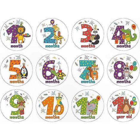 Lot de 12 stickers mensuels bébé animaux mignons, cartes photo souvenir pour nouveau-né, autocollants commémoratifs de croissance, décoration d'album, cadeau parental (1/5)