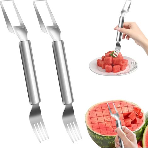 2-in-1 Obstschneider aus Edelstahl mit Wassermelonengabel, doppelseitiges Wassermelonen-Schneidewerkzeug, geeignet zum Kochen, für Familienfeiern und Camping.