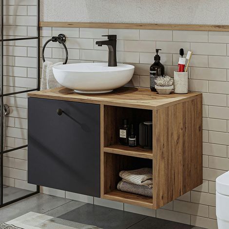 Meuble vasque rond décor pin et gris 1 tiroir TIMA (1/5)