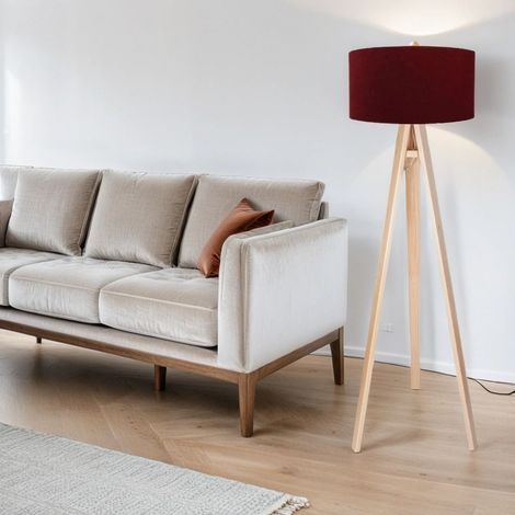 Stehlampe Dreibein 140 cm E27 Rot Natur Stoff Holz Retro Stehleuchte