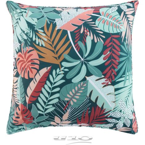 Coussin décoratif imprimé tropical 60 x 60 cm - Finition passepoil - Bleu - Livraison gratuite (1/3)