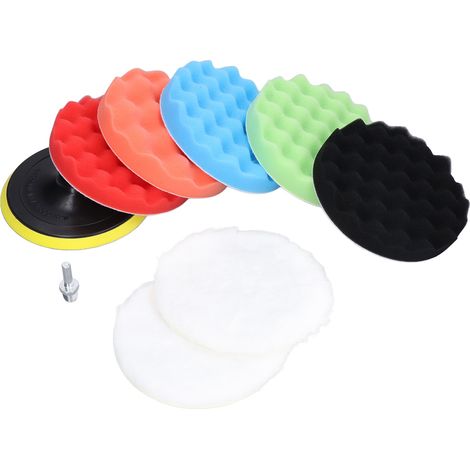 Kit de 9 éponges de polissage verticales, disques de lustrage 150 mm en mousse gaufrée, pads de ponçage pour polisseuse auto et bateau, lot avec patins en laine (1/5)