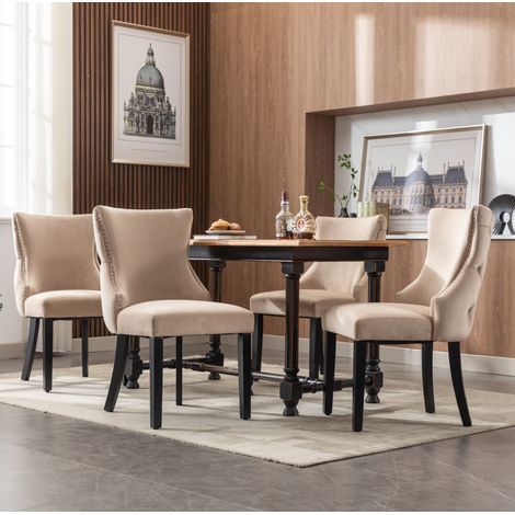 4er-Set Esszimmerstühle beige aus Samt mit Massivholzgestell, 50 x 41 x 91 cm (1/5)