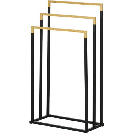 Porte-serviette Porte-serviettes en bambou et acier sur pieds avec 3 barres support pour serviette 45 x 22,5 x 86 cm noir et naturel (1/5)