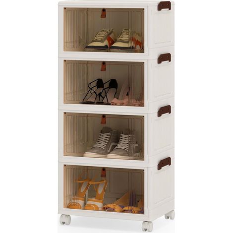 COSTWAY Scatole per Scarpe Pieghevole a 4 Piani,con Coperchio, Sportello e Ruote Blocca (1/5)