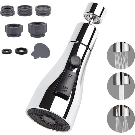Douchette Evier Cuisine Robinet 360 Degres, 3 Modes Embout Robinet Cuisine avec Aerateur, Mitigeur Evier Cuisine, Adaptateur G1/2 (Chrome) (1/5)