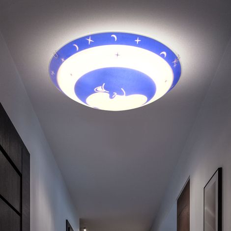 Lampada da soffitto camera dei bambini lampada da camera per bambini in vetro stelle lampada per bambini lampada da soffitto blu luna, metallo, 1x E27, DxH 30x9
