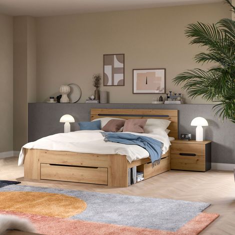 Ensemble lit avec rangement 144x205x87cm + 2 chevet naturel - KANUT