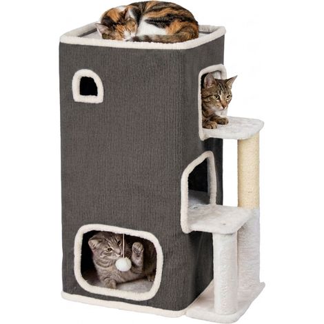 Relaxdays Casetta gatti 3 piani con pallina e tiragraffi, A×L×P 83,5×43×34 cm, per interno, tessuto grigio (1/5)