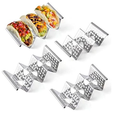 Ensemble de 4 supports à tacos, supports à tacos en acier inoxydable, chacun contenant 3 tortillas avec des anses faciles à porter, adapté au micro-ondes, à la friteuse à air et au four