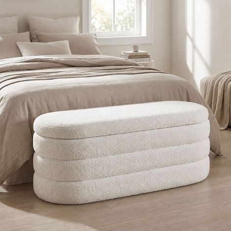 Relaxdays Banco con almacenamiento, tejido teddy, acolchado, tapa, (Al x An x Fo): 42x110x45cm, blanco (1/5)
