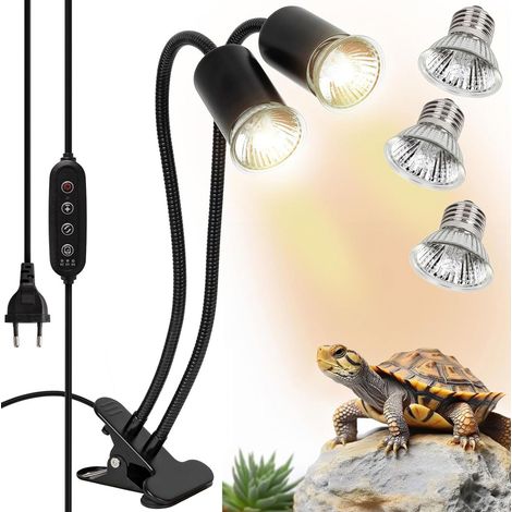 Wärmelampe für Schildkröten, Reptilien- und Amphibienlampe mit 3 UVA- und UVB-Glühbirnen zum Sonnenbaden und 360°-Schwenkklemme, geeignet für Schildkröten, Schlangen, Eidechsen [Energieklasse A] (1/5)