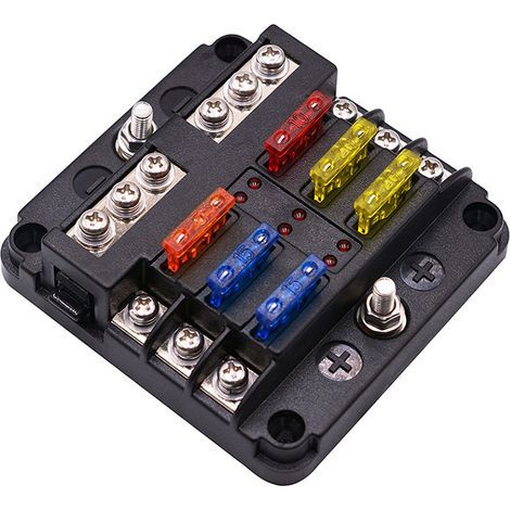 Waterproof 6-way fuse box – 120 A max – 20 A per circuit – LED indicator – Flame-retardant PBT material – Suitable for automotive use (1/5)