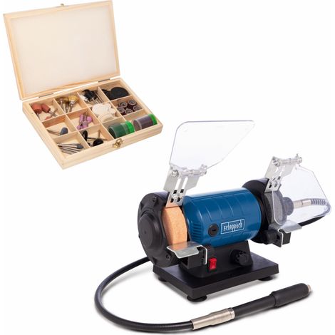 [JAMAIS UTILISÉ] Scheppach Touret à Meuler HG35 - 120W - Avec arbre flexible - Meule K120 et Disque à Polir K400 Ø75 mm - Pare-étincelles & Support de pièce - Coffret de 103 accessoires inclus