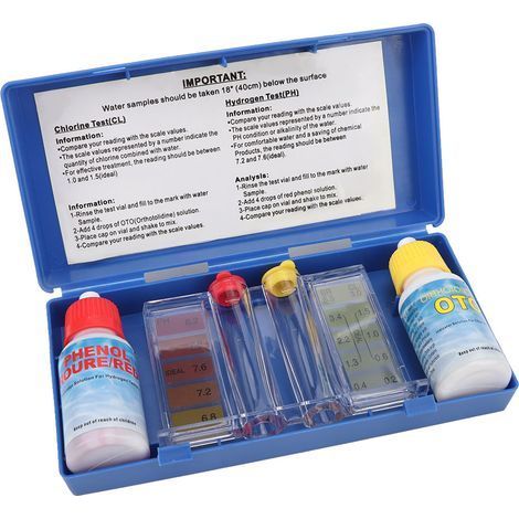 Kit de Test pour Piscine Accessoires Analyse Qualité Eau PH Chlore Boîte à Sel- (1/5)