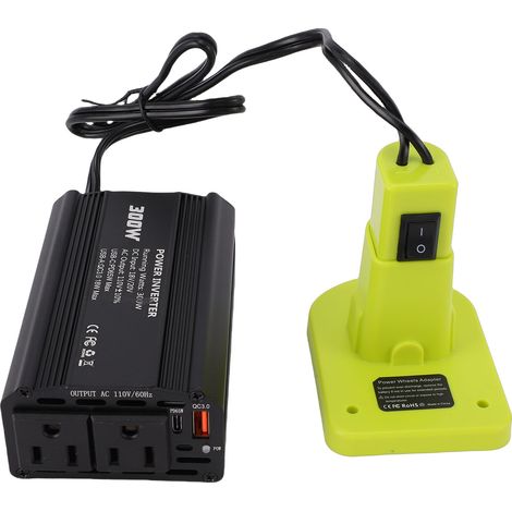 Convertisseur de puissance 300 W compatible avec les batteries Ryobi P102, P103 et P104. Convertisseur CC/CA avec 2 prises : une prise USB-C PD65 W et un port USB-A 18 W. (1/5)