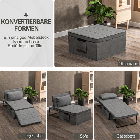 Lit pliable 4-en-1, couchage d'appoint ajustable en hauteur, sommier métallique avec matelas, rangements latéraux, gris, 188x75x38 cm