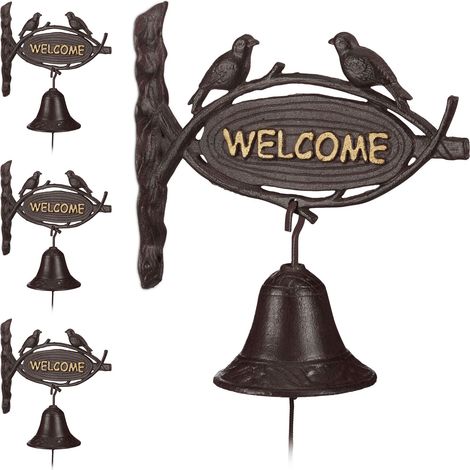 Set of 4 Relaxdays Cast Iron Door Bell WELCOME, Antique Style, Golden Letters, Sign with Birds, Front Door, Dark Brown