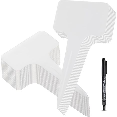 Lot de 100 étiquettes en plastique de type T pour plantes, étiquettes de jardin pour pépinière, étiquettes de jardinage réutilisables avec stylo marqueur, blanc (1/5)