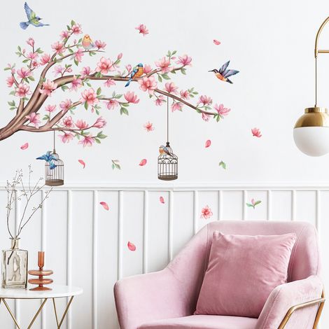 Stickers Muraux Fleurs de Cerisier Rose Autocollant Mural Floral Branche Arbre Oiseaux Décoration Murale Chambre Enfants Salon Mur TV