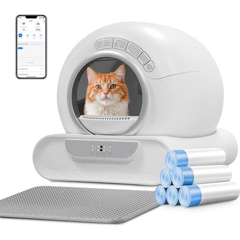 Bac à Litière Autonettoyante pour Chat 65L+9L - Litière Automatique Contrôle par App - Tapis de Litière et 6 Sacs Poubelles