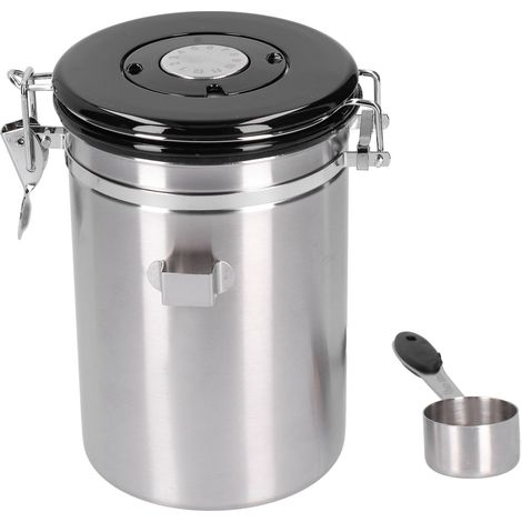 Boîte hermétique L-BEANS en acier inoxydable 304 avec soupape de décompression, idéale pour conserver le café en grains, les fruits secs et le thé, 1,8 L, argentée, avec cuillère en acier. (1/5)