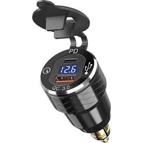 Chargeur rapide USB Type C PD 3.0 DIN vers USB et prise d'alimentation QC 3.0 18 W avec voltmètre pour batteries 12 V-24 V (1/5)
