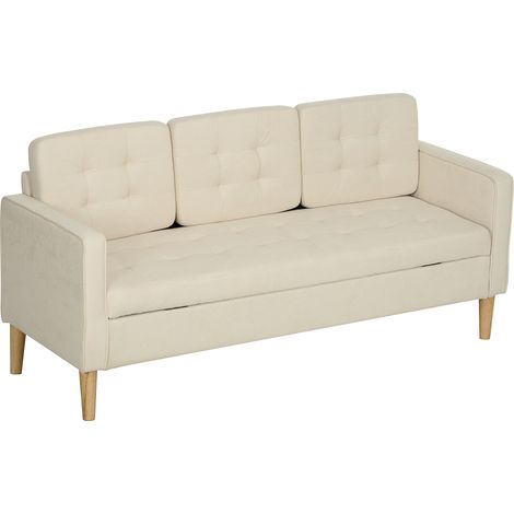 Dreisitzer-Sofa aus schneeweißem Flanell, modernes Design mit integriertem Staufach, gesteppter Rückenlehne, 166,5 x 62 x 82 cm, cremeweiß