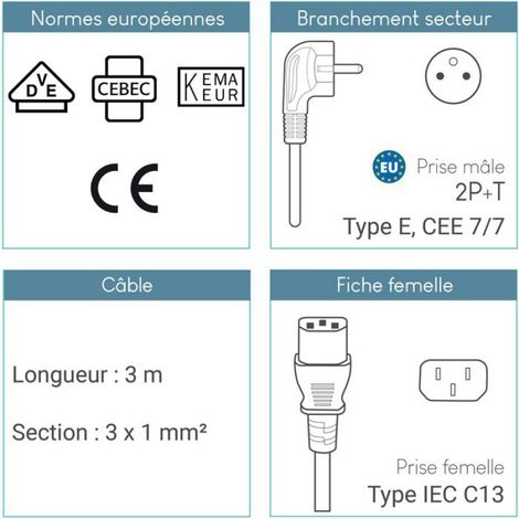 Lot de 5 Câbles d’Alimentation 3m CEE 7/7 Schuko vers IEC C13, pour PC fixe, Ecran, Onduleur, appareils ménagers compatibles (1/5)