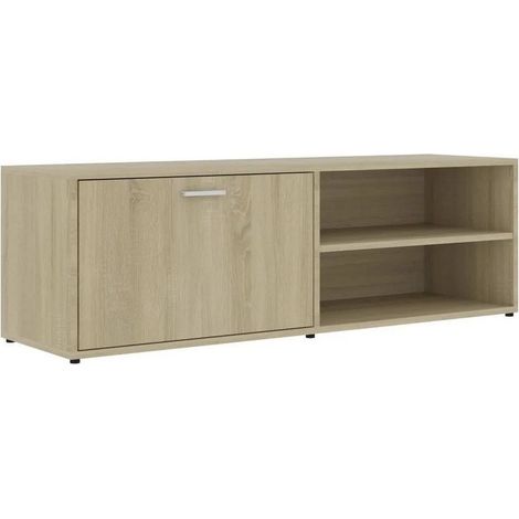 Meuble TV 1 porte 2 niches bois chêne clair Issero 120cm (1/3)
