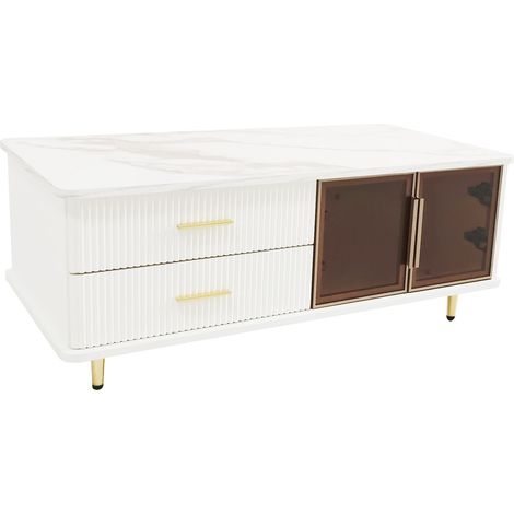 Table basse blanche avec LED multicolore, portes en verre trempé brun, 2 tiroirs, motif ondulé, poignées et pieds dorés, 100 x 50 x 40 cm - CHICFURN (1/5)