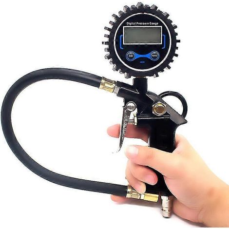 Manomètre numérique pour gonfleur de pneus, embout de gonflage et accessoires pour compresseur robustes avec tuyau en caoutchouc et raccord rapide.