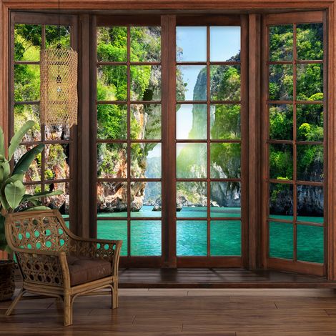 Papier peint panoramique Trompe l'oeil Fenêtre en bois - Thaïlande - 195 cm x 156 cm (1/5)