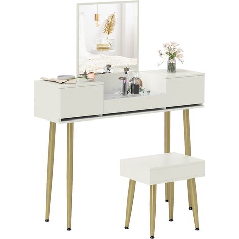 Set de table de maquillage blanc avec 3 tiroirs, miroir et tabouret de rangement, porte-accessoires