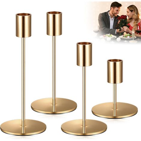 Juego de 4 candelabros dorados - 9,5/14/16/19 cm - Metal vintage - Para cenas, bodas, hogar, decoración de mesas - Decoración de chimeneas (1/5)