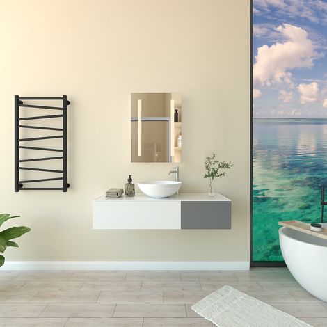 Bathroom white wooden mirror cabinet, 700400130mm equipped with dimming 3-color LED lights, anti-fog, memory function mirror door (1/5)
