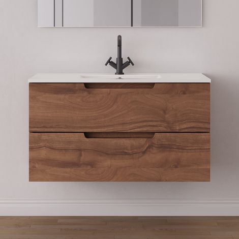Meuble de salle de bain 90cm simple vasque - 2 tiroirs - sans miroir - noyer (bois foncé) - SONRIZA (1/5)