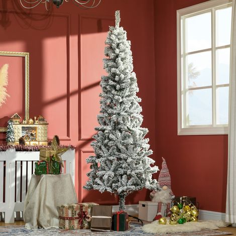 Sapin Noël de artificiel fin 210 cm avec branches réalistes - sapin de Noël enneigé haut et étroit avec base pliante - vert (1/4)