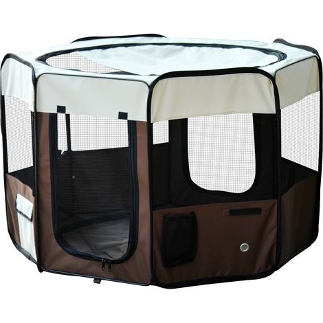 Beyamis Faltbares Gehege für Hunde, Katzen und Kleintiere, achteckig, aus Oxford-Gewebe und Stahl, 90 cm Durchmesser x 41 cm Höhe, braun-beige