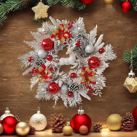 Weihnachtskranz 45 cm – Künstlich, mit Kunstschnee bedeckt, dekoriert mit bereiften Zweigen, Kugeln und Beeren (1/4)