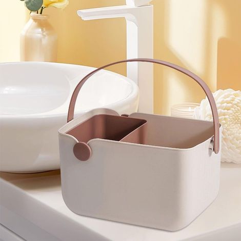 Tragbare Duschtasche, Aufbewahrungsbox mit Griff, Aufbewahrungsbox für Küchenkosmetik, Accessoires, tragbare Dusche, offener beiger Korb. (1/5)