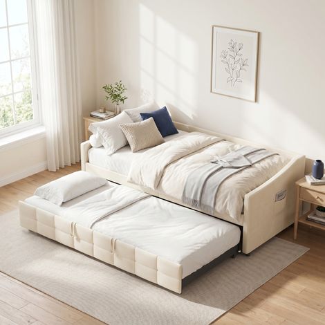 Tagesbett mit Ausziehbett 90x200 cm, Schlafsofa aus Samt, mit Seitentaschen und gestepptem Design, Beige (1/5)