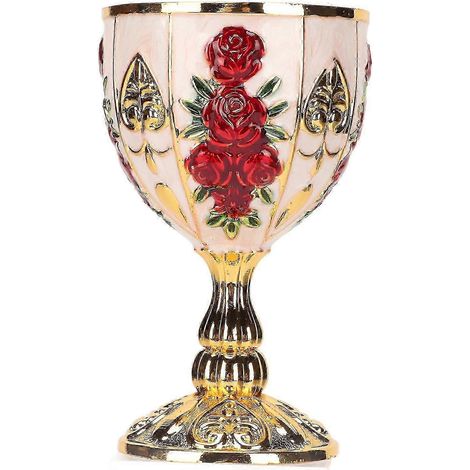 Calice doré de 10 cm de haut (Fleur rouge sur fond or et blanc) en alliage de zinc, motif floral rétro en relief, élégant et raffiné, idéal pour les fêtes, banquets et bars. Neuf. (1/5)