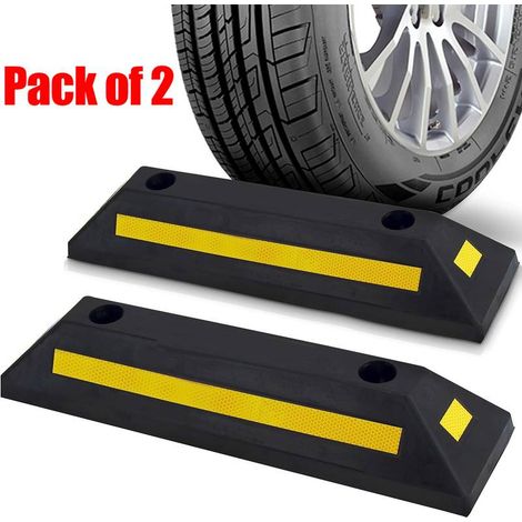 Lot de 2 butoirs de roue garage en caoutchouc dur avec bandes réfléchissantes, montage perçage ou sans perçage, aide au stationnement, protection parking voiture (1/5)