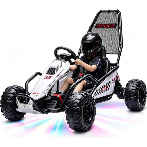 Karting Electrique Enfant 6-12 Ans, Roues Durables, Frein, Lumières LED et Musique, Noir