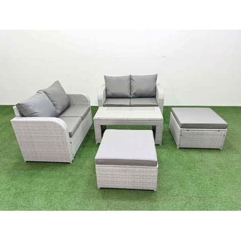 Fimous 6 Seater Outdoor Love Sofa Set Rattan Garden Furniture Set with Oblong Coffee Table 2 Footstool Light Grey (1/4)
