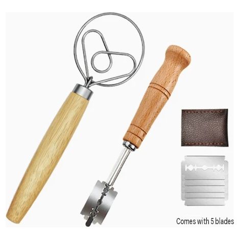 Batteur à pâte en acier inoxydable manche bois, outil de boulangerie pour mélange farine et pain (1/2)