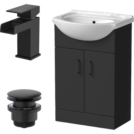 560mm Matt Black Bathroom Vanity Unit Freestanding Black Waterfall Tap & Waste (1/5)