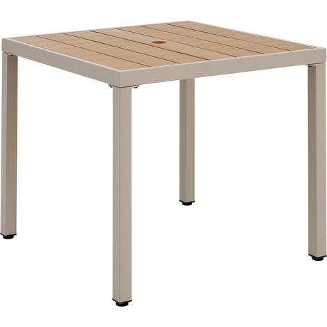 Table de jardin carrée 84x84x74,5 cm pour 4 personnes, plateau en bois plastique, structure en fer galvanisé khaki avec trou pour parasol (1/5)