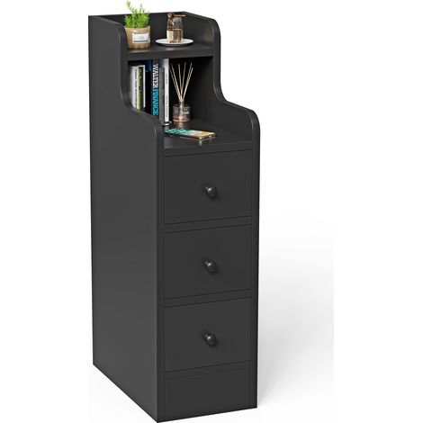 Table de Chevet en Bois Noir Table de Nuit Moderne 70 x 35 x 20cm Table d'appoint avec 3 Tiroir Bout de Canapé (1/5)